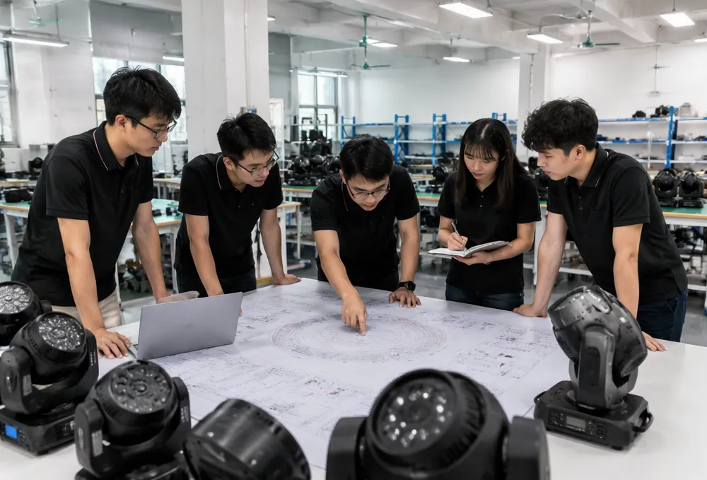 Vefey stage lighting design engineering team reviewing fixture layout plans in the Guangdong factory