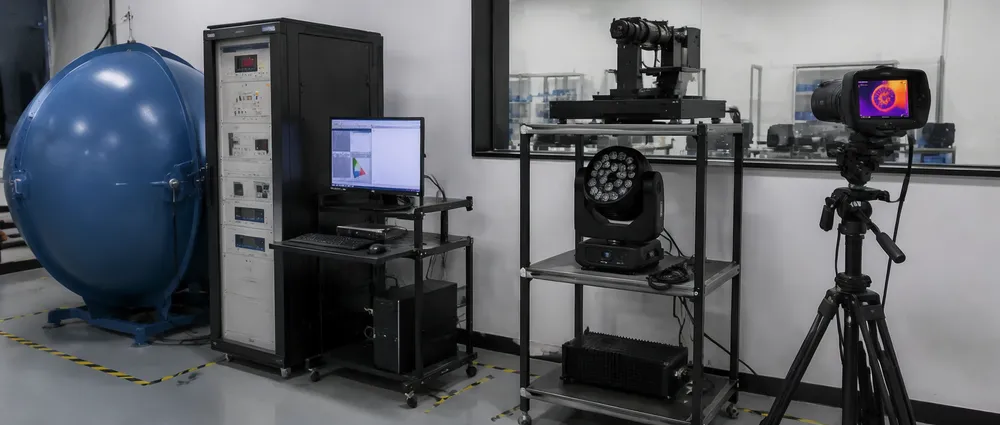 Vefey engineering lab showing optical and thermal testing equipment for stage lighting fixtures