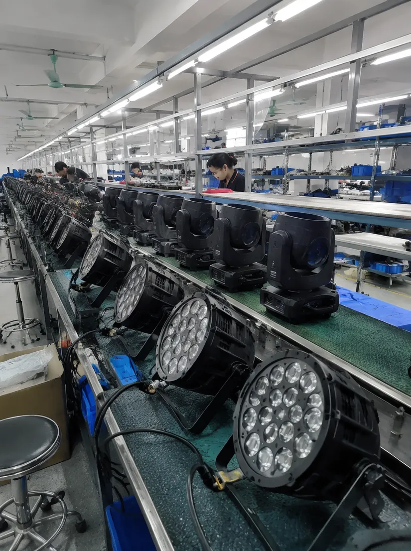 Vefey stage lighting manufacturing facility in Guangdong, China — production lines with LED fixtures and moving heads