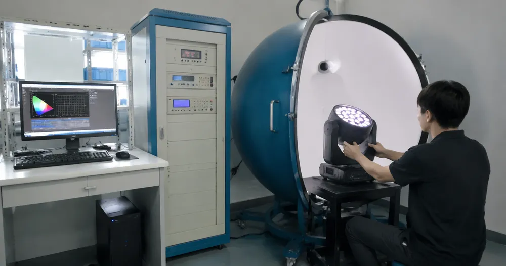 LED stage lighting fixture undergoing color consistency testing on integrating sphere at Vefey QC lab