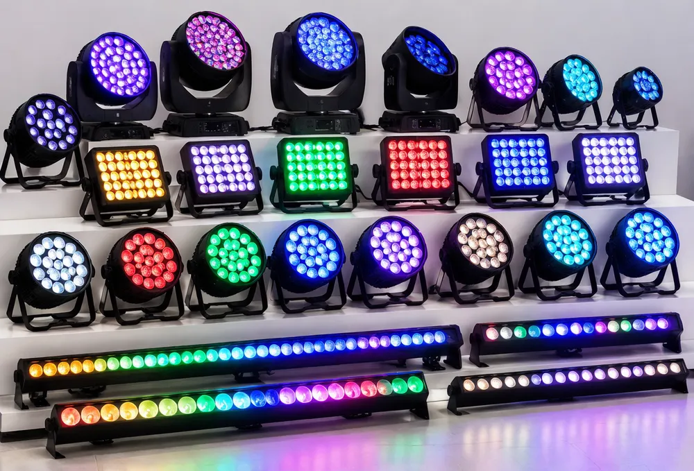 Vefey LED stage lighting fixtures lineup — RGBW wash pars, color panels, and LED bars arranged for product overview