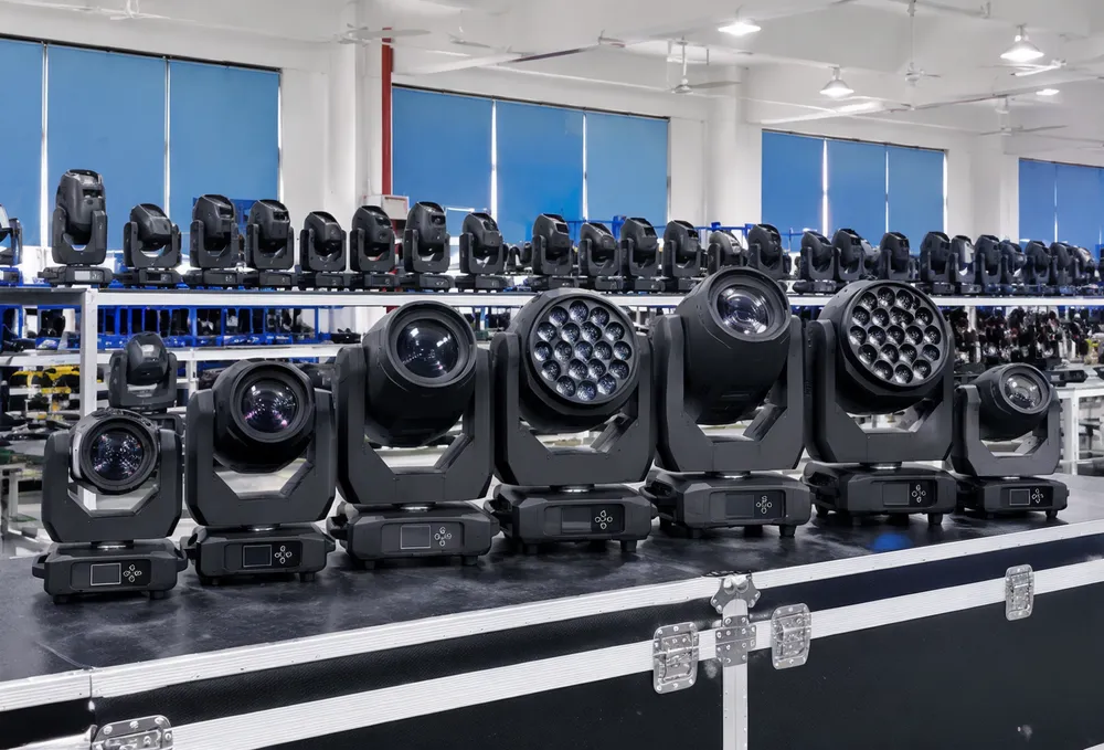 Vefey moving head stage lighting fixtures lineup — beam, spot, wash, and hybrid models