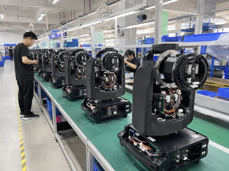 Vefey Production Line 5 — dedicated moving head assembly with pan/tilt motor stations