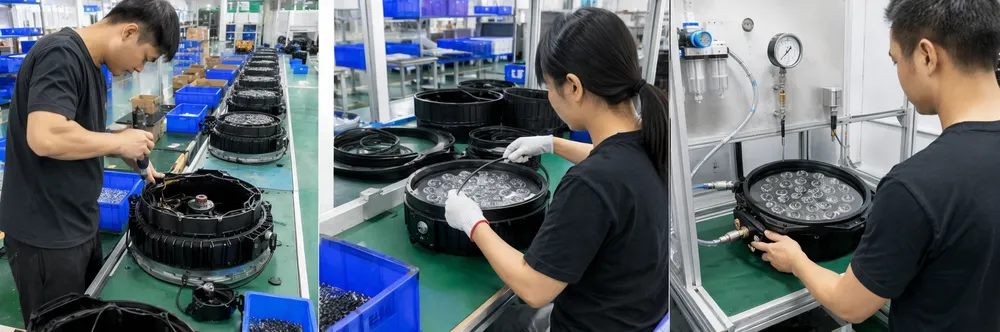 Vefey outdoor stage lighting production line showing separate housing assembly, O-ring sealing, and pneumatic pressure testing stations