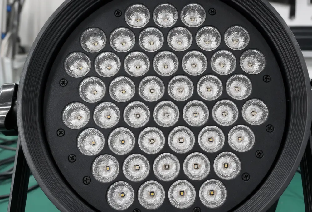 Close-up of precision TIR lens array inside Vefey par light fixture showing individual PMMA optics matched to LED chip positions