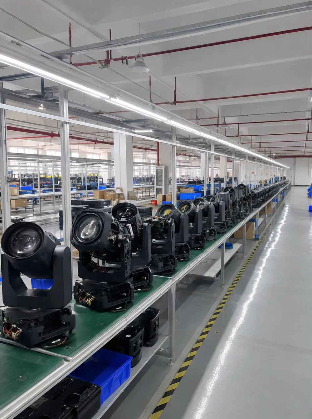 Vefey stage lighting spotlight production facility in Guangdong, China — 16,700 square meter factory floor with automated assembly lines