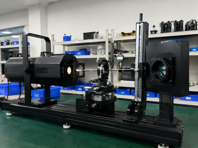 Vefey optical calibration rig verifying lens-to-source alignment on a profile spotlight during production