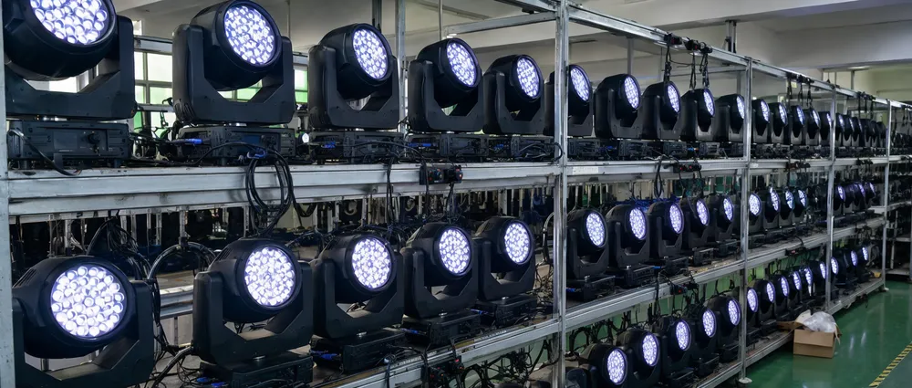 Vefey factory burn-in testing rack with wedding lighting fixtures running at full load during 48-hour quality assurance cycle