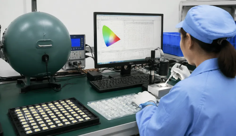 LED binning and quality control process at Vefey manufacturing facility showing color temperature verification