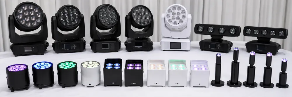 Range of dance stage lighting fixtures including beam moving heads and LED derbys